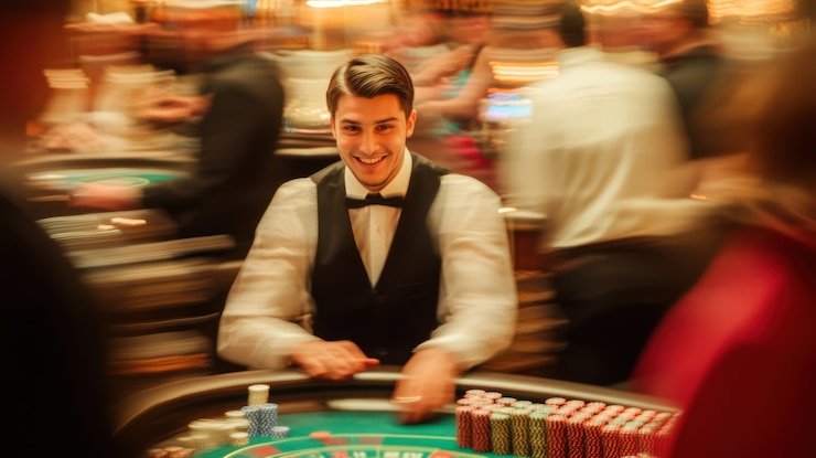 Wajah dealer langsung dalam studio multi-kamera di 77luck